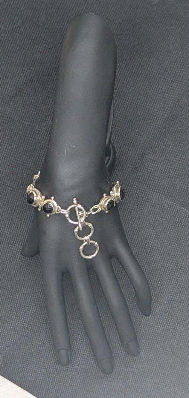 Sterling Silver & Black Spinel Round Checkerboard Toggle Bracelet, Adjustable - Picture 2 of 5